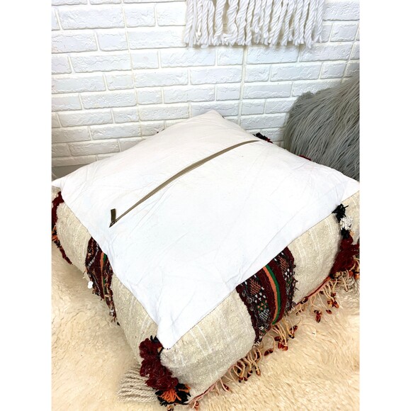 Handmade Moroccan Berber Kilim Pouf: Tassel Floor Pillow 03YS00143 - Picture 7 of 8